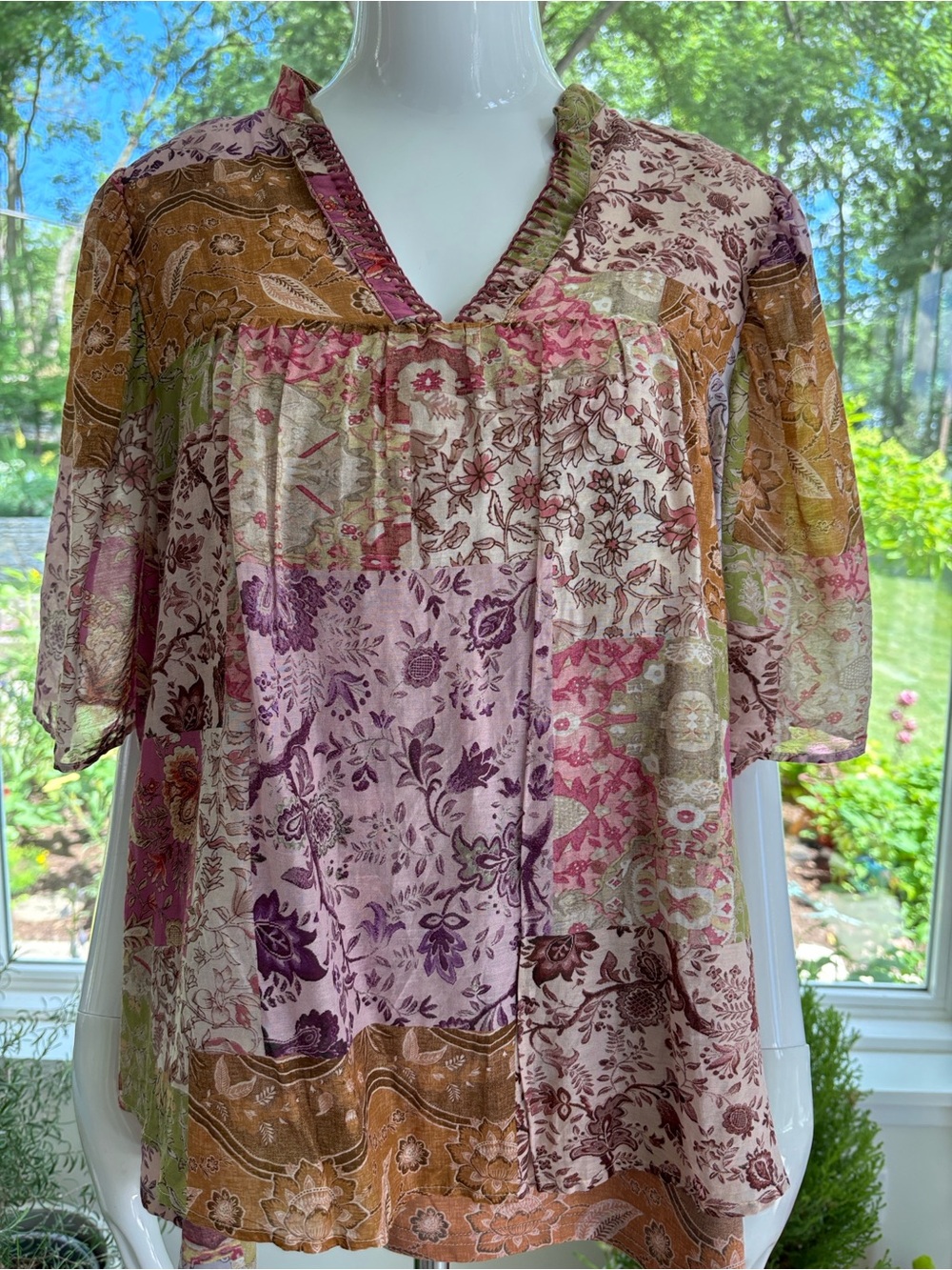 Johnny Was Bertha Floral Patchwork Silk Cotton Top